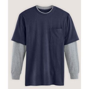 NEW Mens Sz 2XL Navy Blue Layered Look Long Sleeve Pocket Tee Shirt JOHN BLAIR